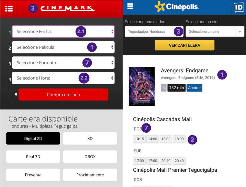 Image: Comparison of Movie Selection Screens from Cinemark and Cinépolis